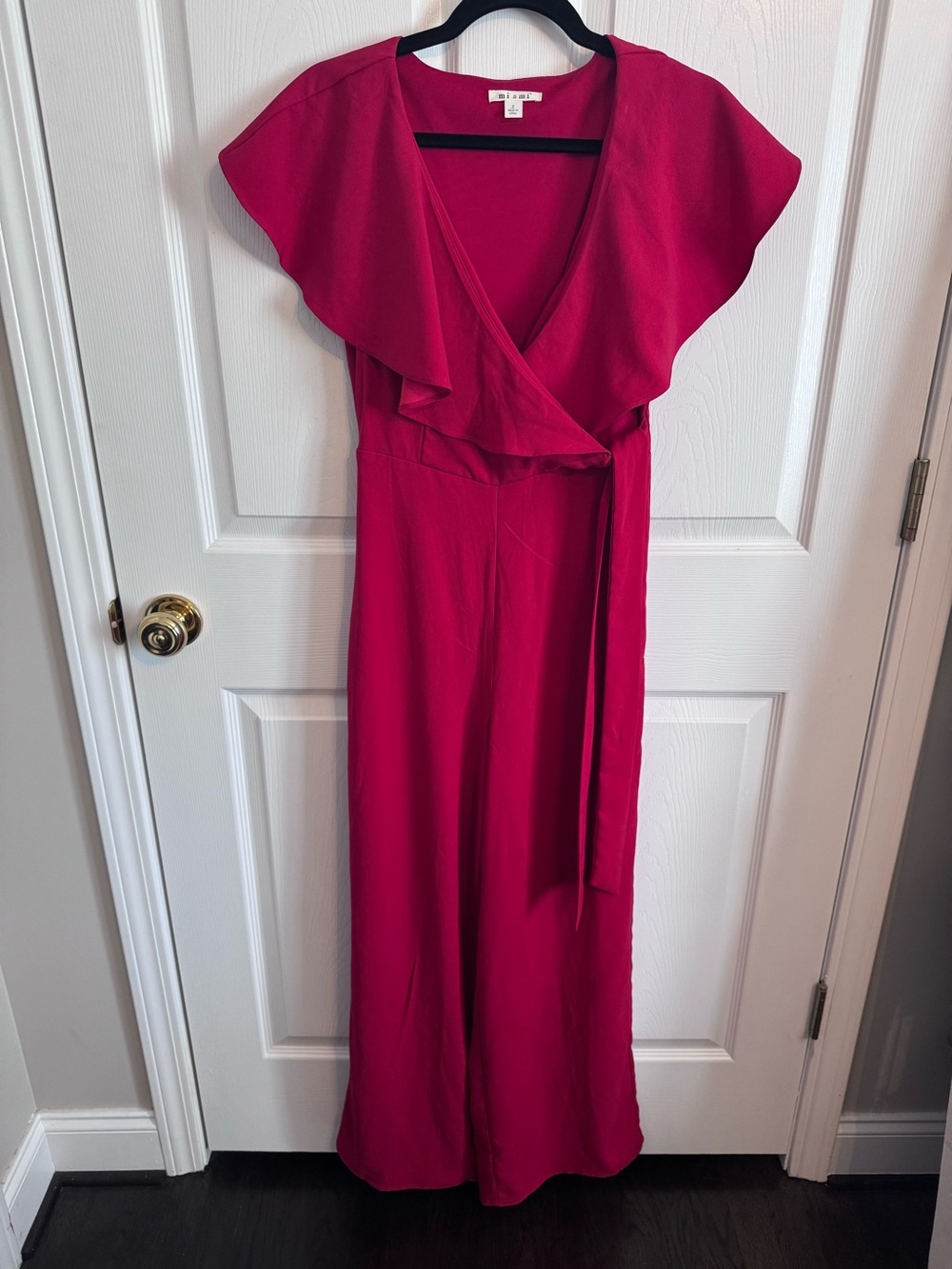 Mi ami Wide Leg Romper Cap Sleeve Jumpsuit Red Ruffled v-Neck
